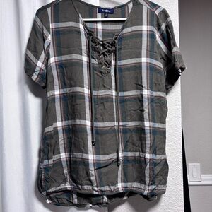 Angels Gray and Pink Plaid Lace-Up Top